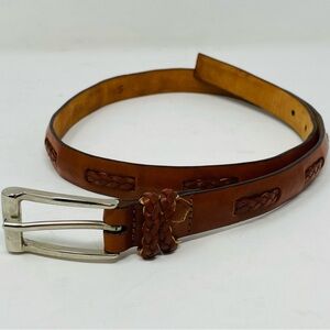 Valmars Elegant Tan Leather Belt with Branded Details and Silver Buckle